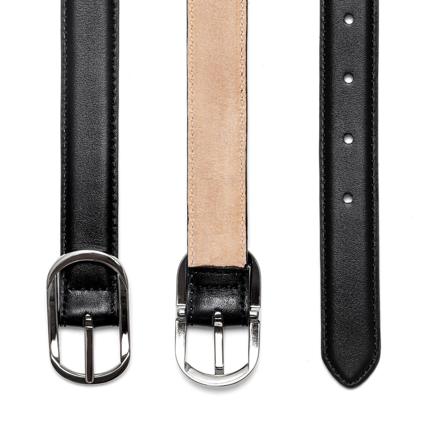 Ceinture femme en cuir boucle chromée, noir