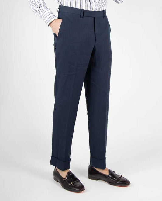 Pantalon sartorial en lin irlandais, bleu moyen