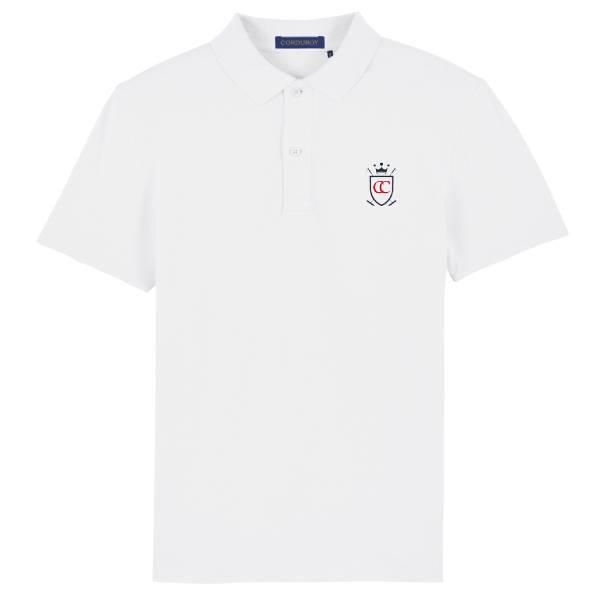 Polo manches courtes en coton piqué logo blason bleu marine et rouge, blanc