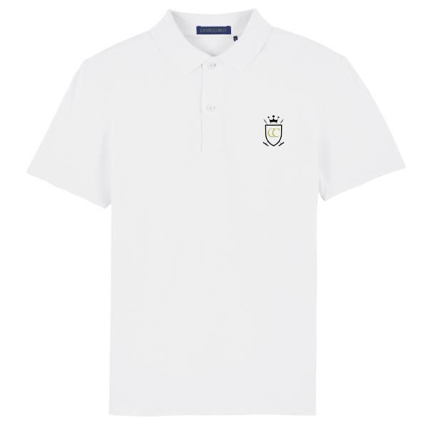 Polo manches courtes en coton piqué logo blason noir et doré, blanc