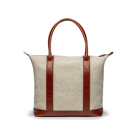 Sac cabas femme en toile de lin et cuir, ivoire et cognac