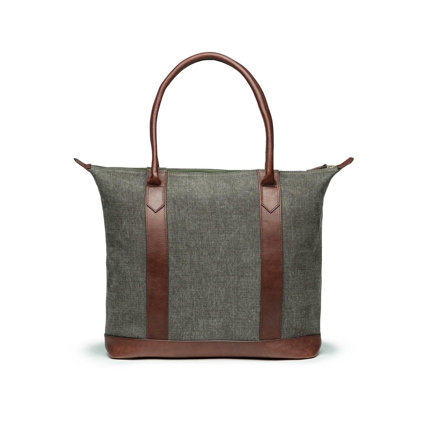 Sac cabas femme en toile de lin et cuir, olive foncé et brun foncé